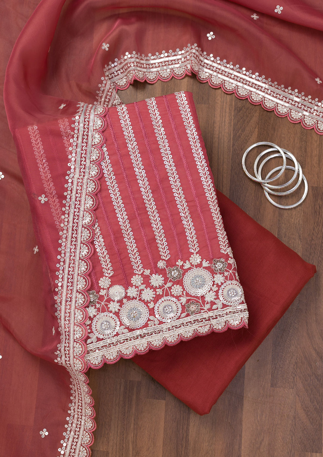 Rust Threadwork Tissue Unstitched Salwar Suit