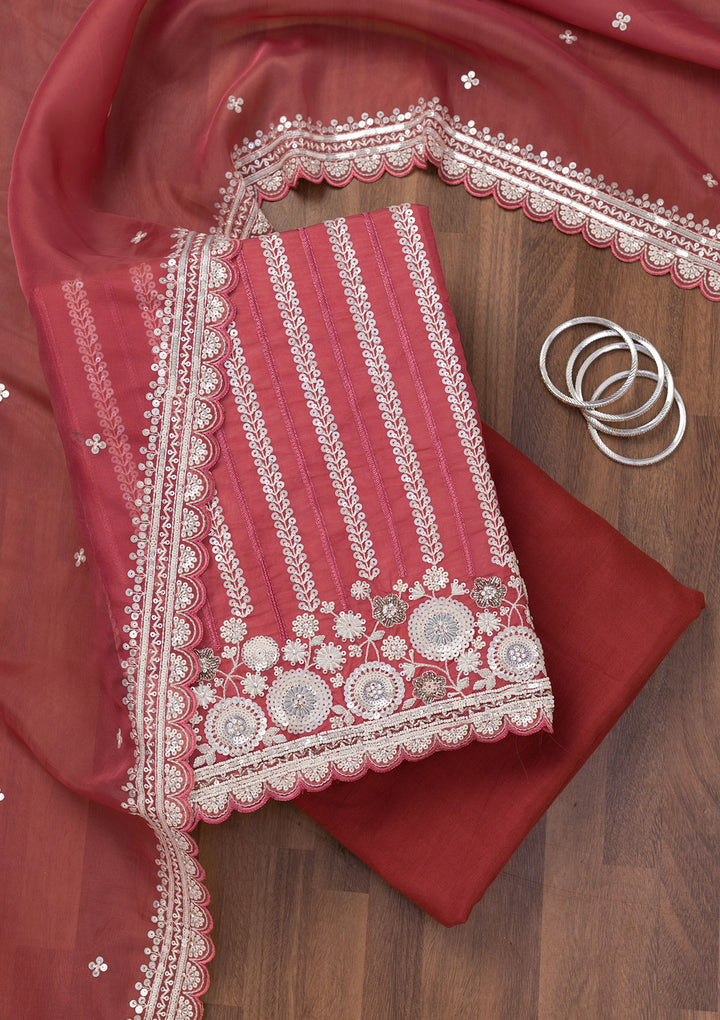 Rust Threadwork Tissue Unstitched Salwar Suit