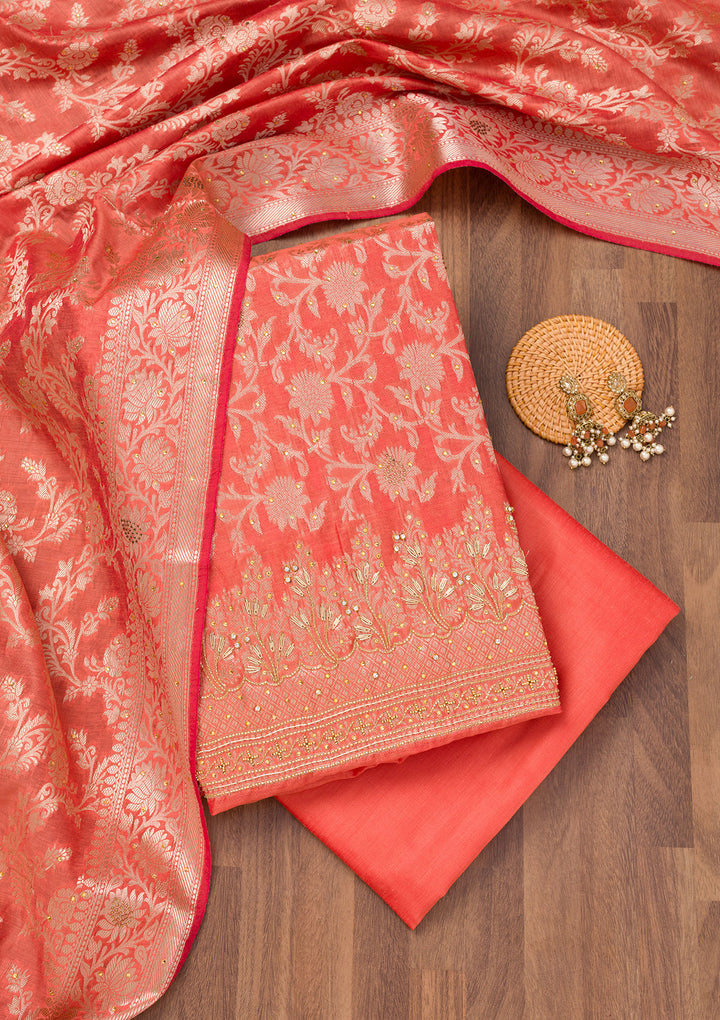 Rust Zariwork Banarasi Unstitched Salwar Suit