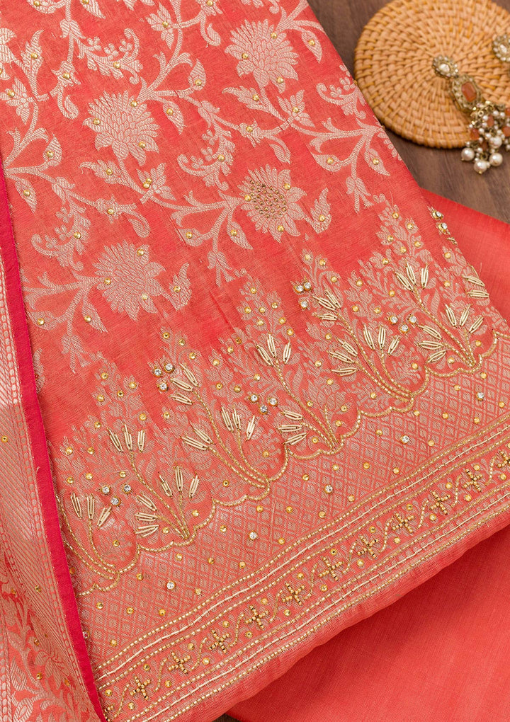 Rust Zariwork Banarasi Unstitched Salwar Suit