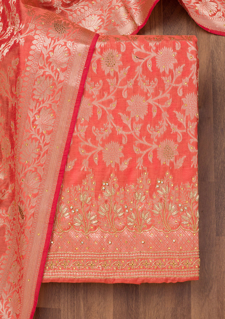 Rust Zariwork Banarasi Unstitched Salwar Suit