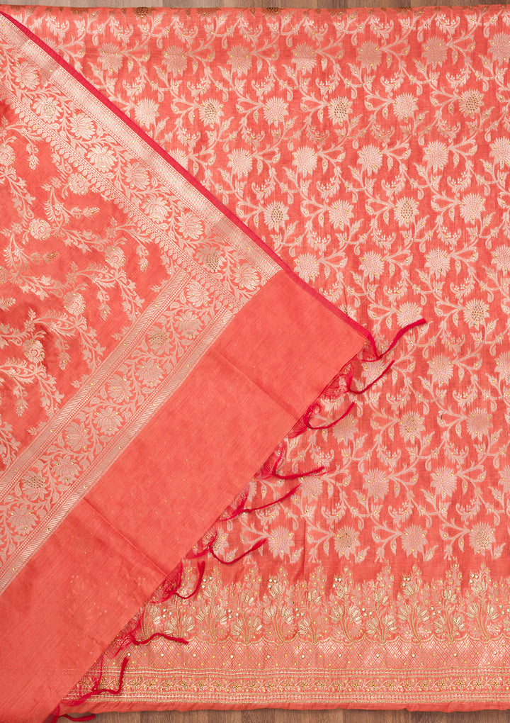 Rust Zariwork Banarasi Unstitched Salwar Suit