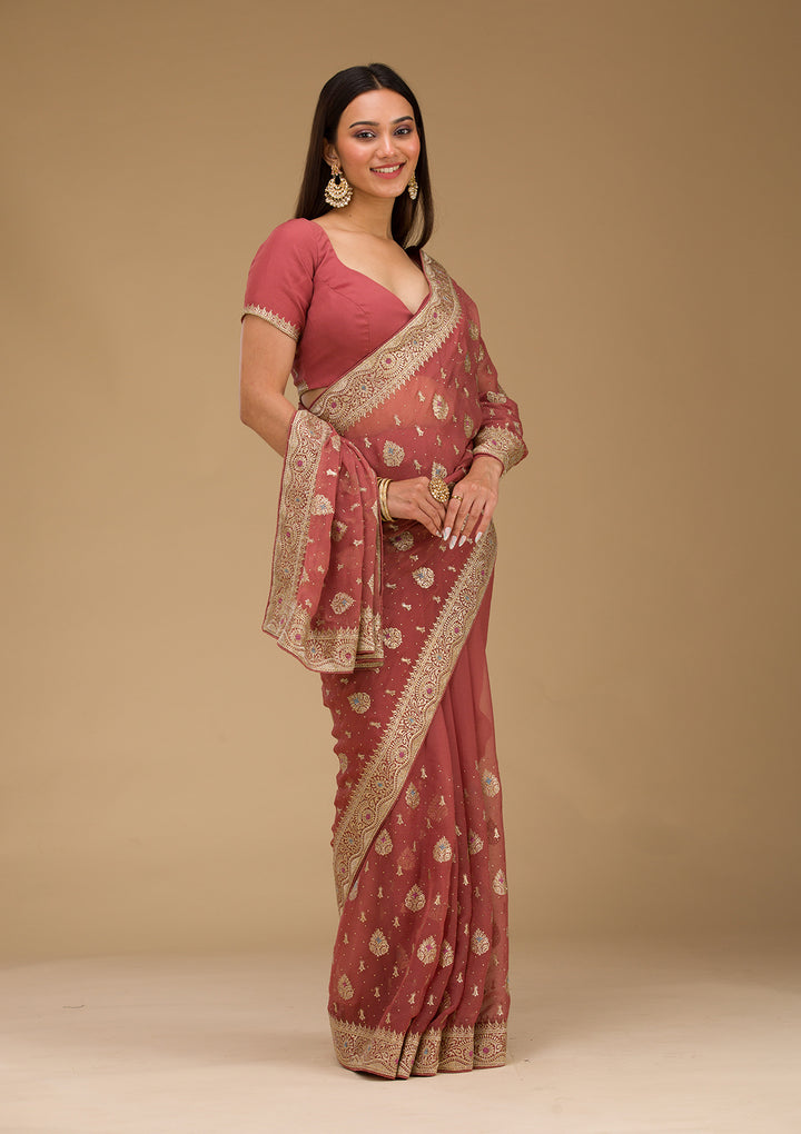 Rust Zariwork Chiffon Saree
