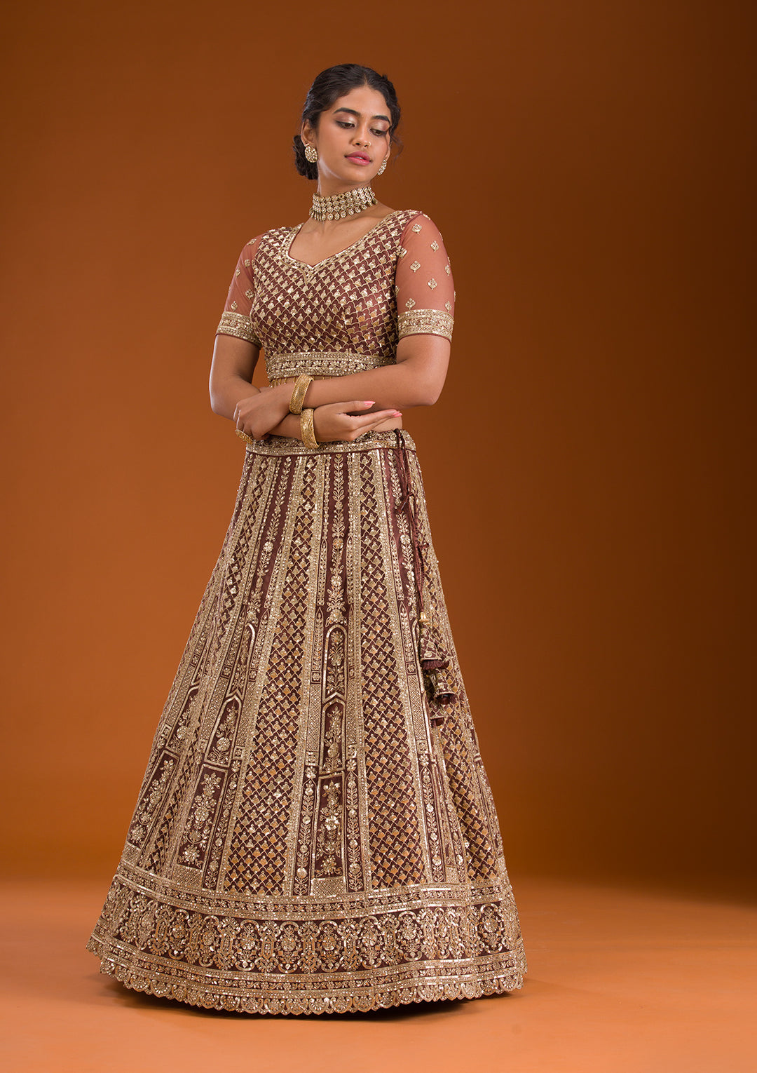 Rust Zariwork Net Readymade Lehenga