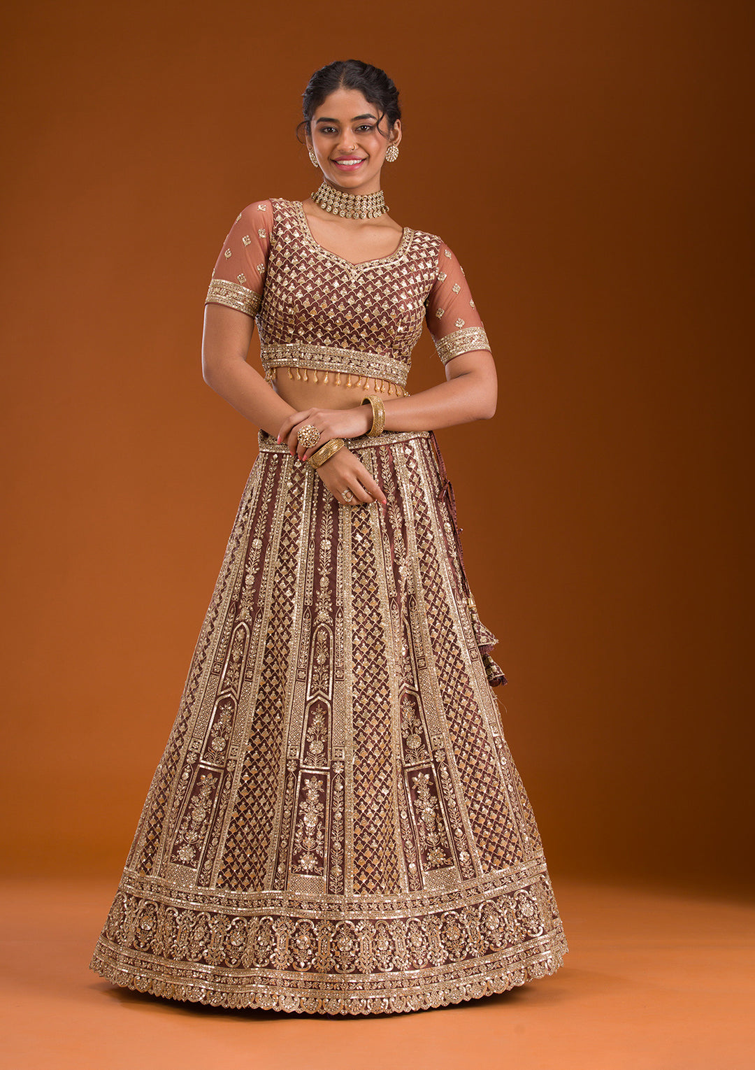 Rust Zariwork Net Readymade Lehenga