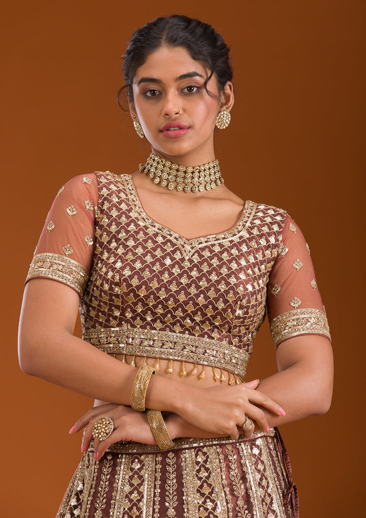 Rust Zariwork Net Readymade Lehenga
