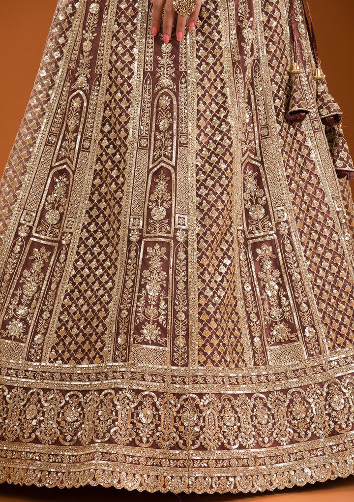 Rust Zariwork Net Readymade Lehenga