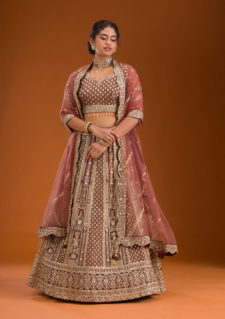 Rust Zariwork Net Readymade Lehenga