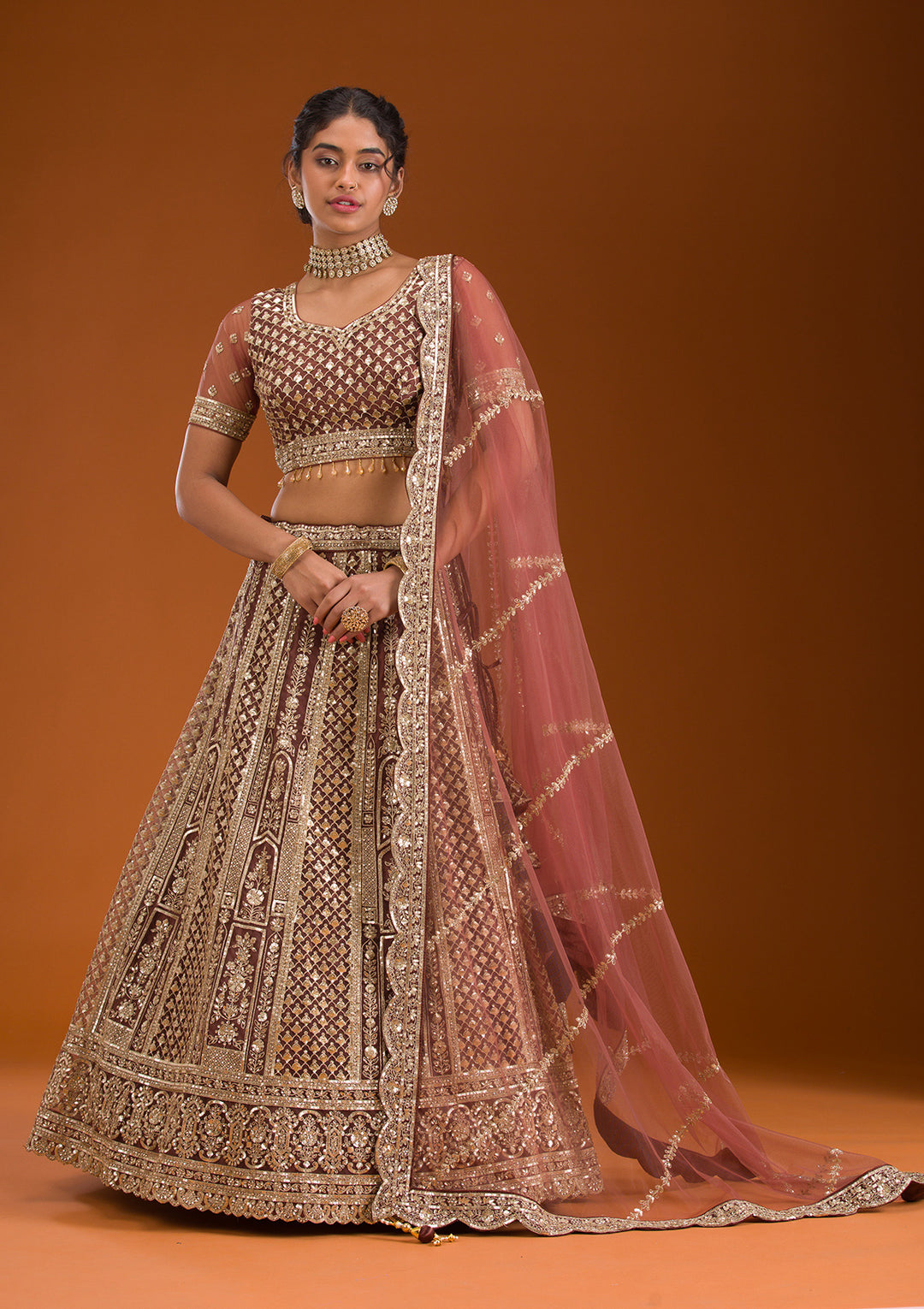 Rust Zariwork Net Readymade Lehenga