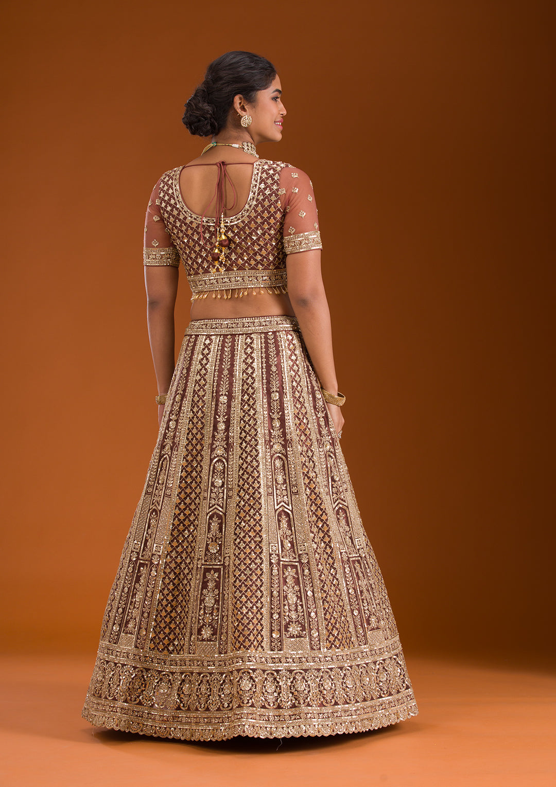 Rust Zariwork Net Readymade Lehenga