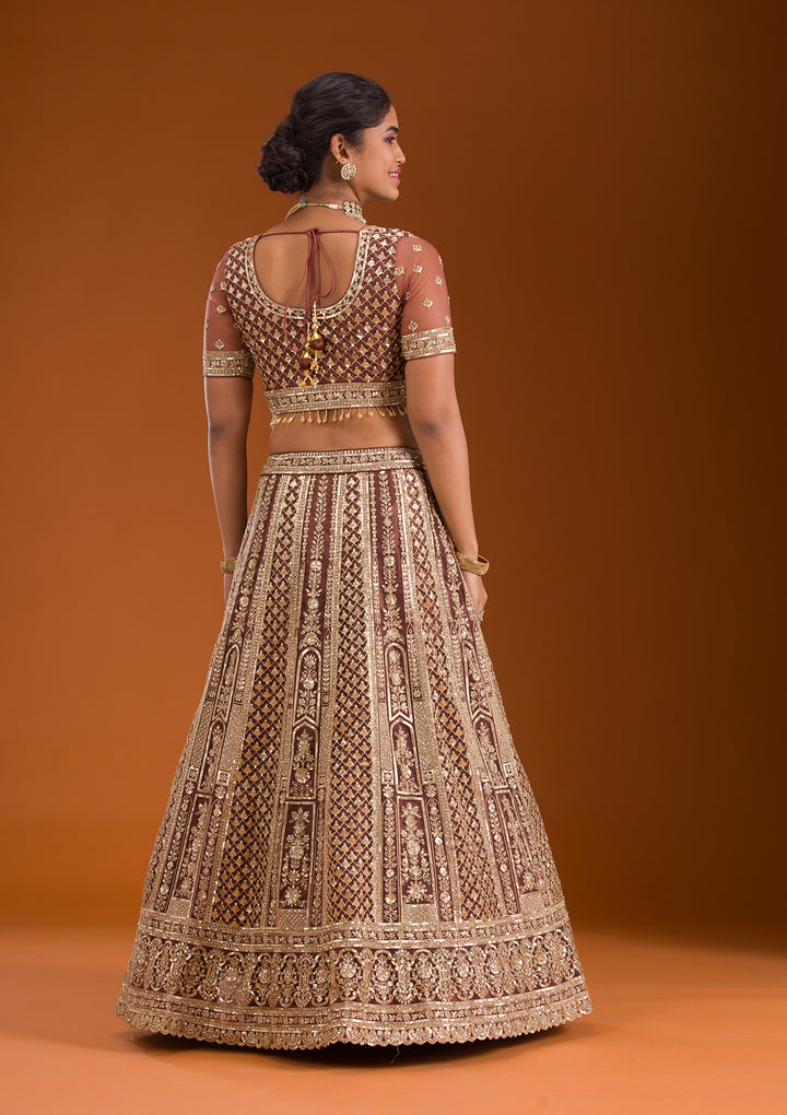 Rust Zariwork Net Readymade Lehenga