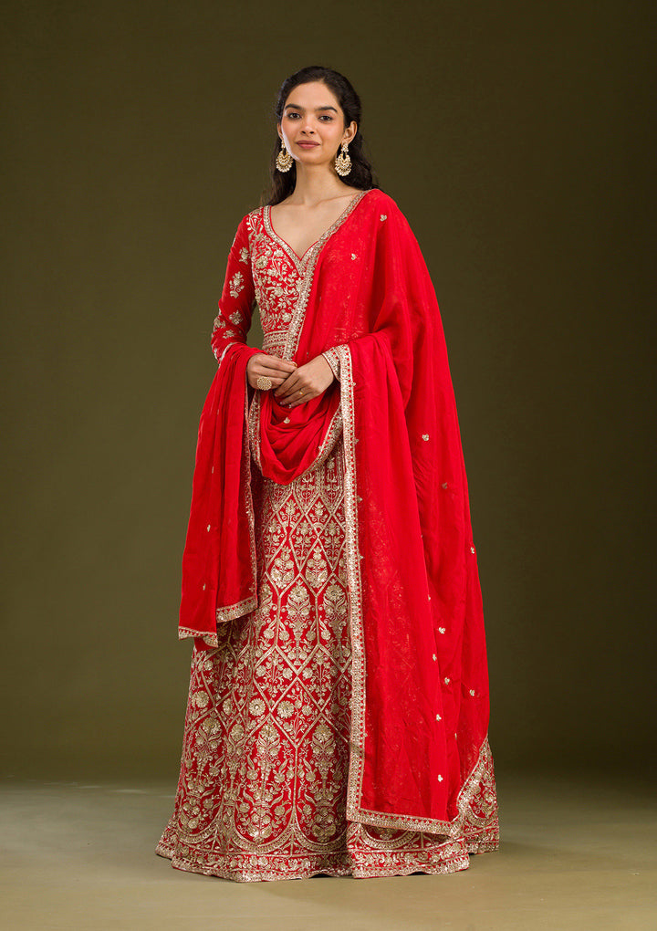Rust Zariwork Semi Crepe Readymade Salwar Suit