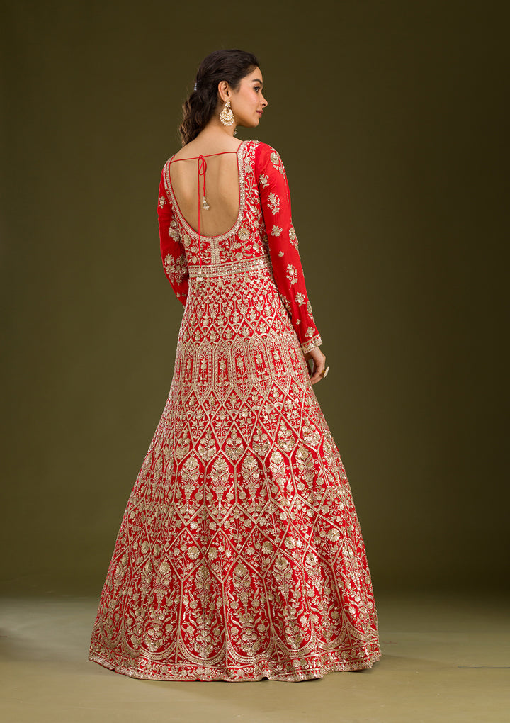 Rust Zariwork Semi Crepe Readymade Salwar Suit