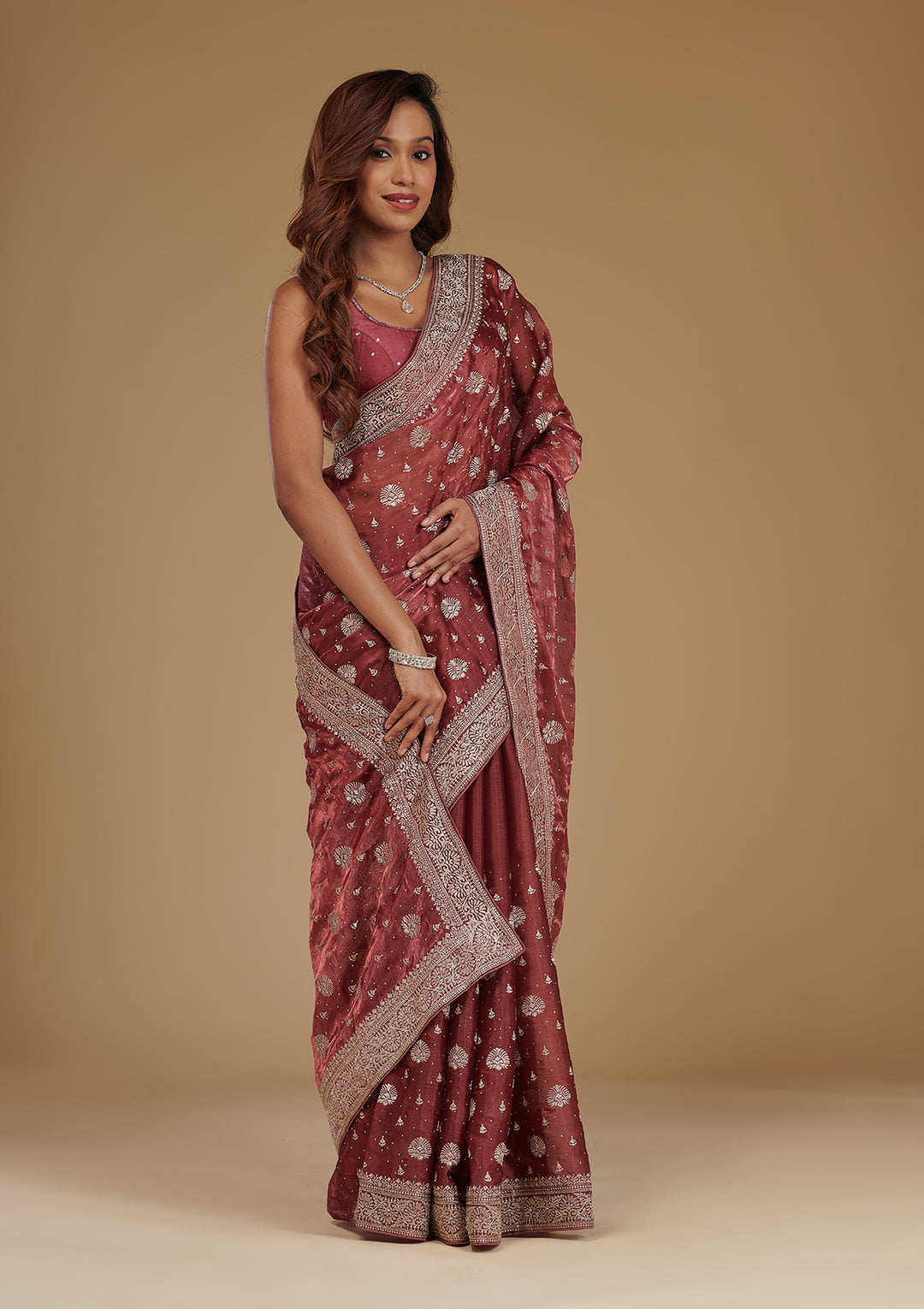 Rust Zariwork Tissue Saree