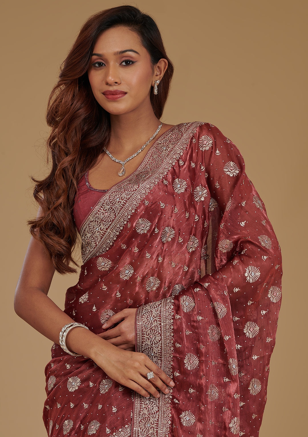 Rust Zariwork Tissue Saree