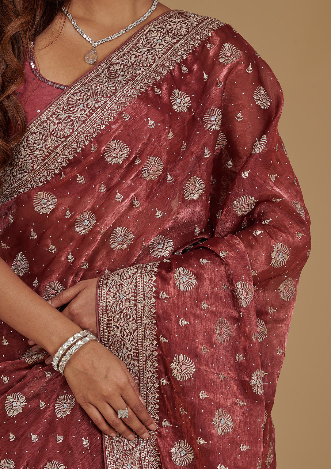 Rust Zariwork Tissue Saree