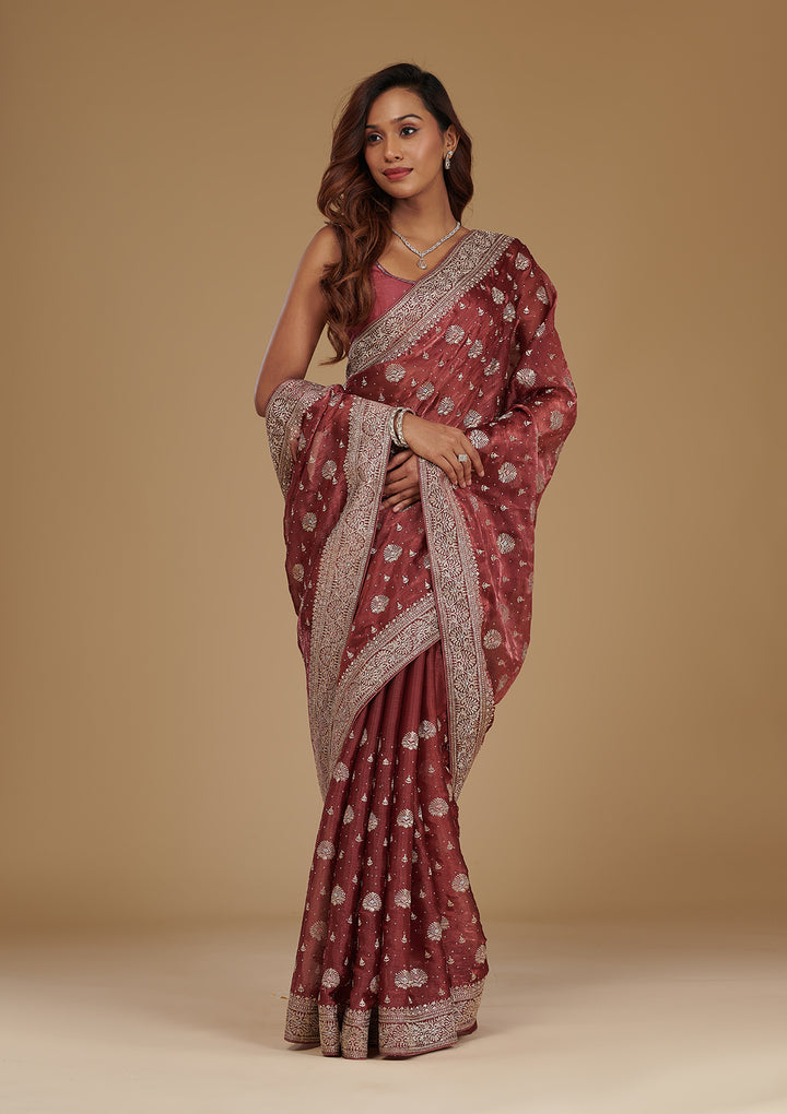 Rust Zariwork Tissue Saree