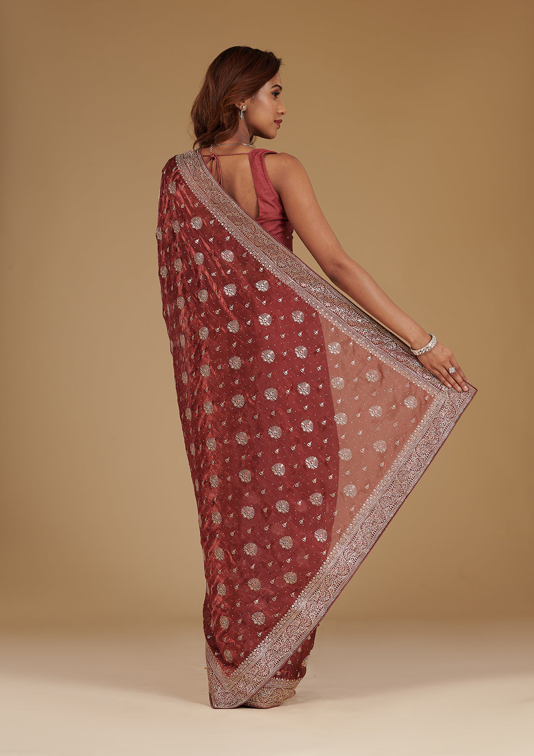 Rust Zariwork Tissue Saree