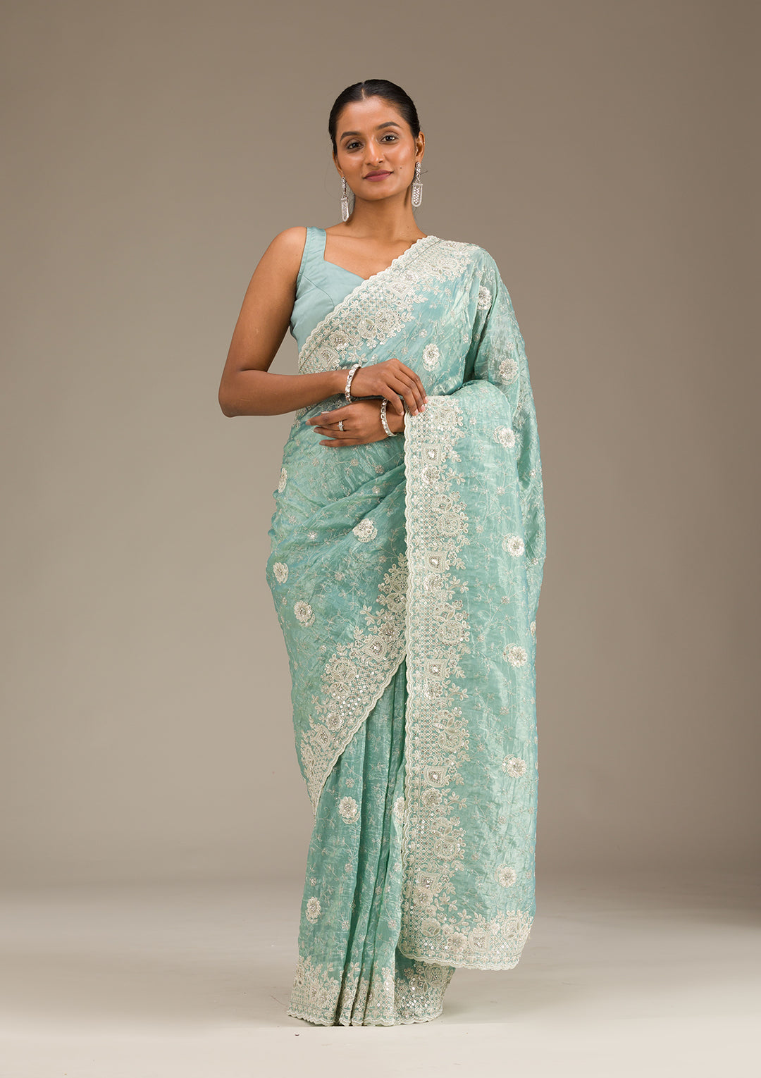 Sea Green Sequins Tissue Saree