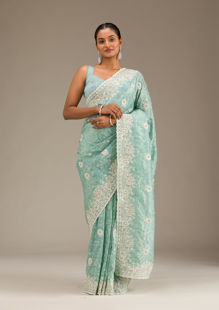 Sea Green Sequins Tissue Saree