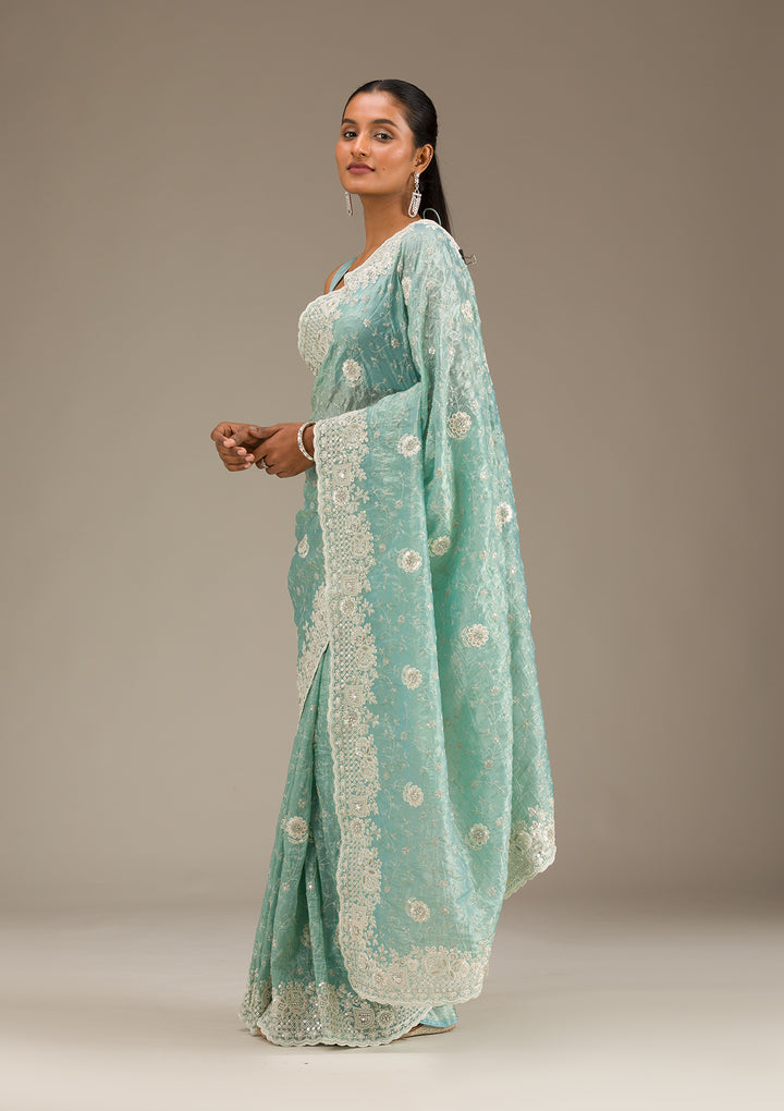 Sea Green Sequins Tissue Saree