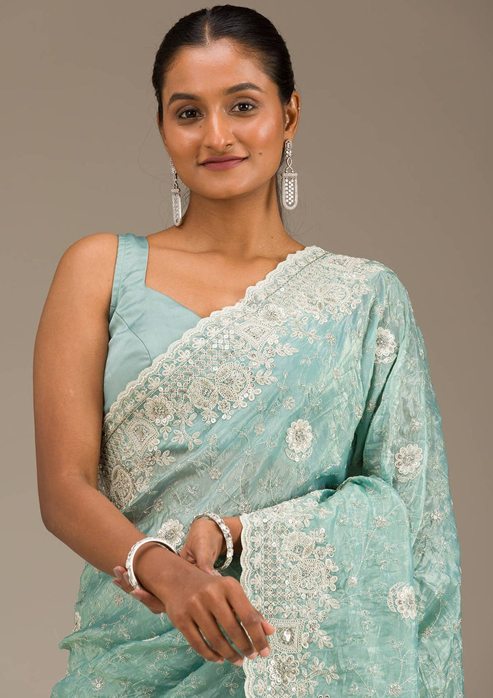 Sea Green Sequins Tissue Saree
