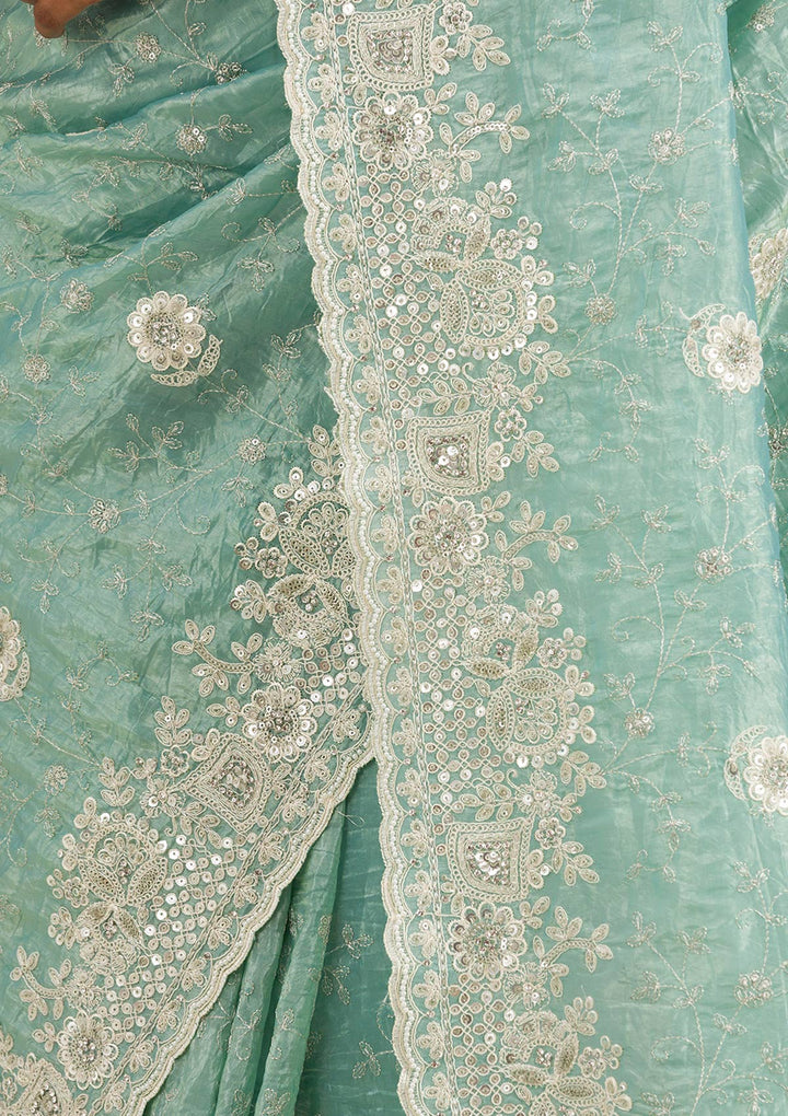 Sea Green Sequins Tissue Saree