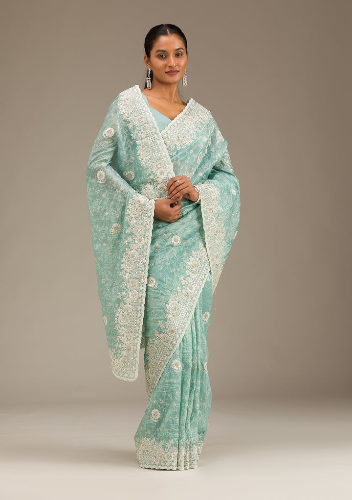 Sea Green Sequins Tissue Saree