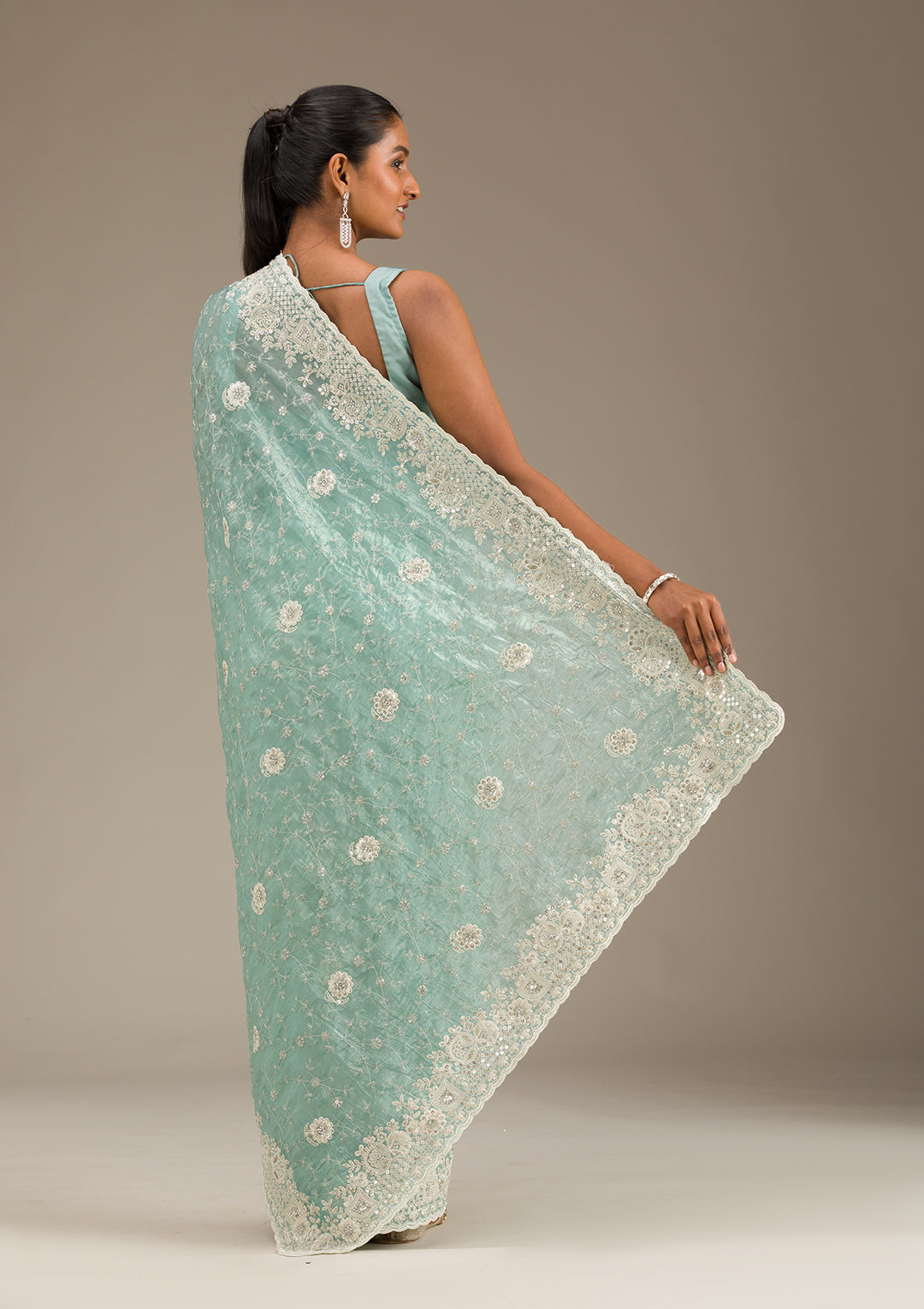 Sea Green Sequins Tissue Saree