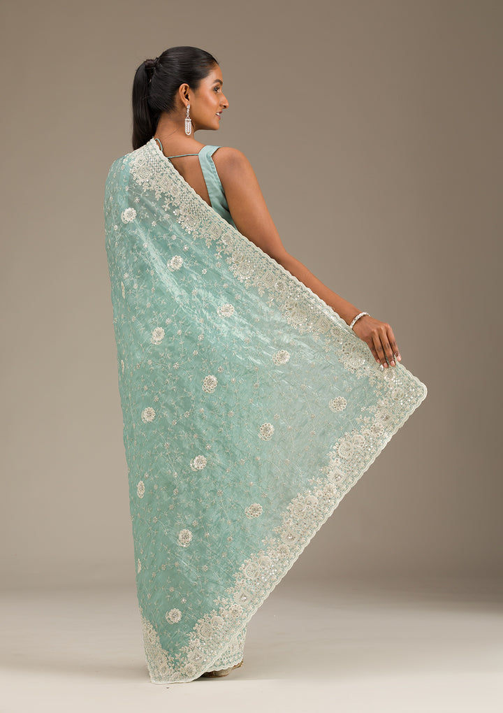 Sea Green Sequins Tissue Saree