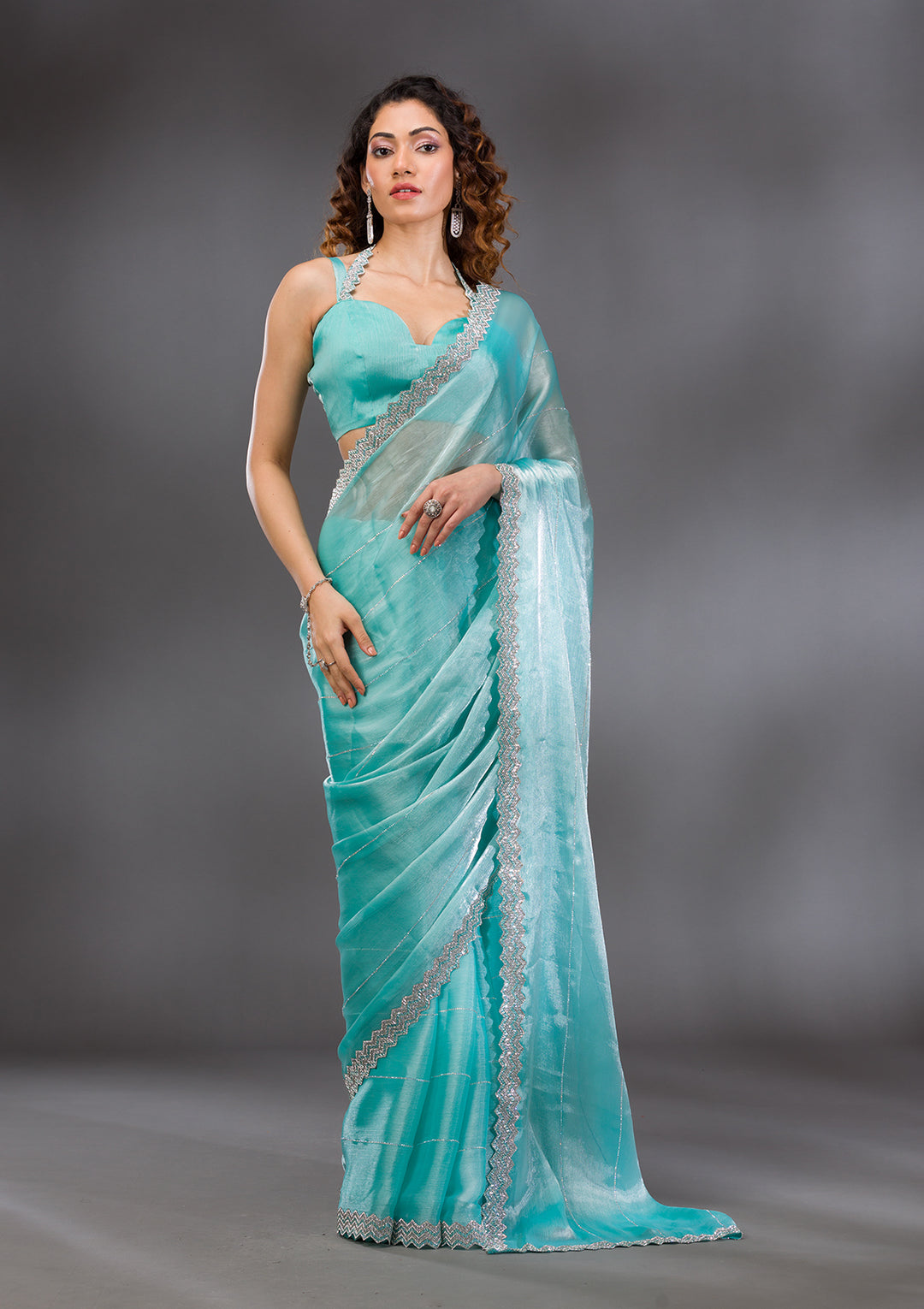 Sea Green Silver Stonework Satin Saree