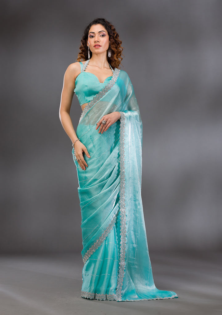 Sea Green Silver Stonework Satin Saree