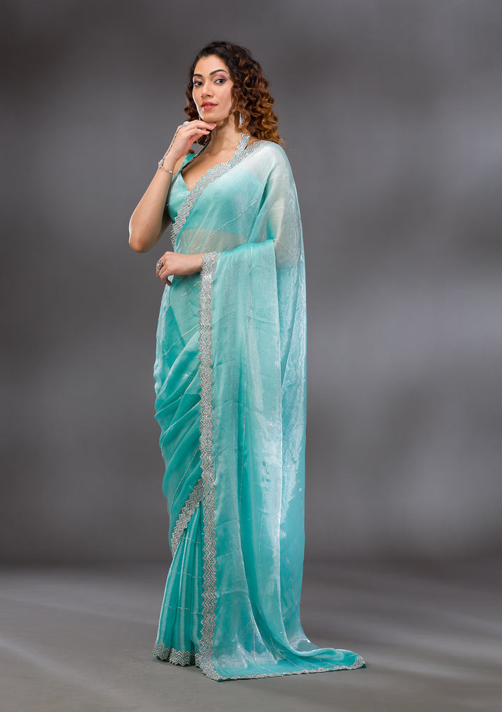 Sea Green Silver Stonework Satin Saree