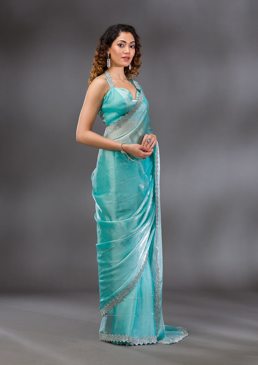 Sea Green Silver Stonework Satin Saree