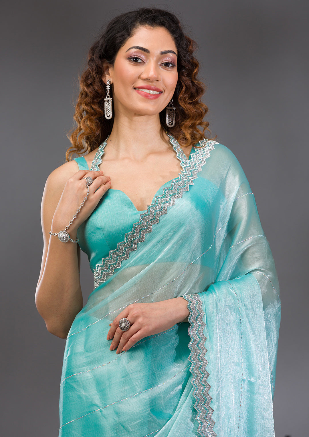 Sea Green Silver Stonework Satin Saree