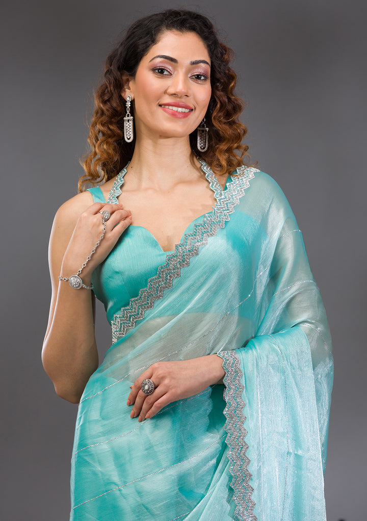 Sea Green Silver Stonework Satin Saree