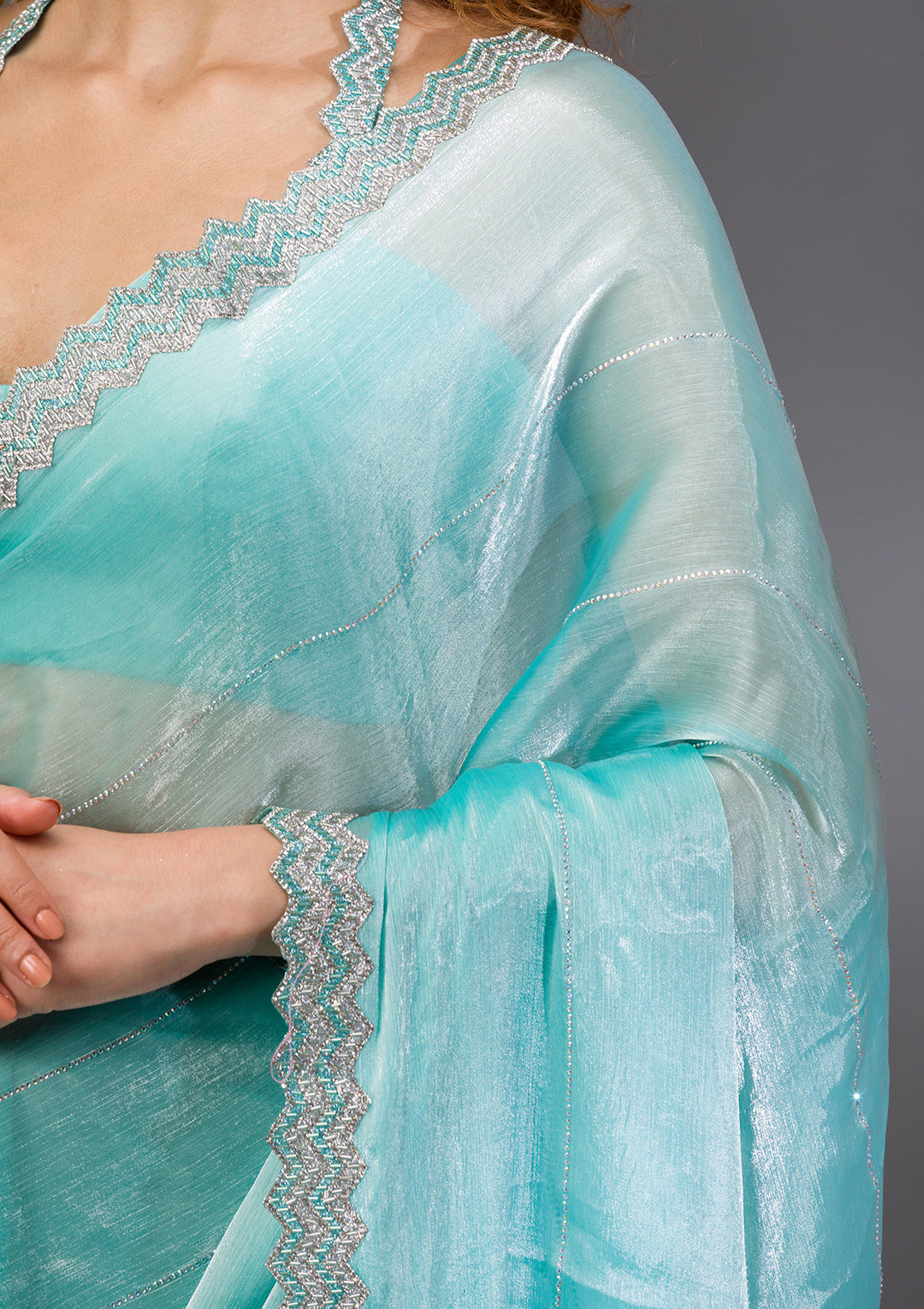 Sea Green Silver Stonework Satin Saree