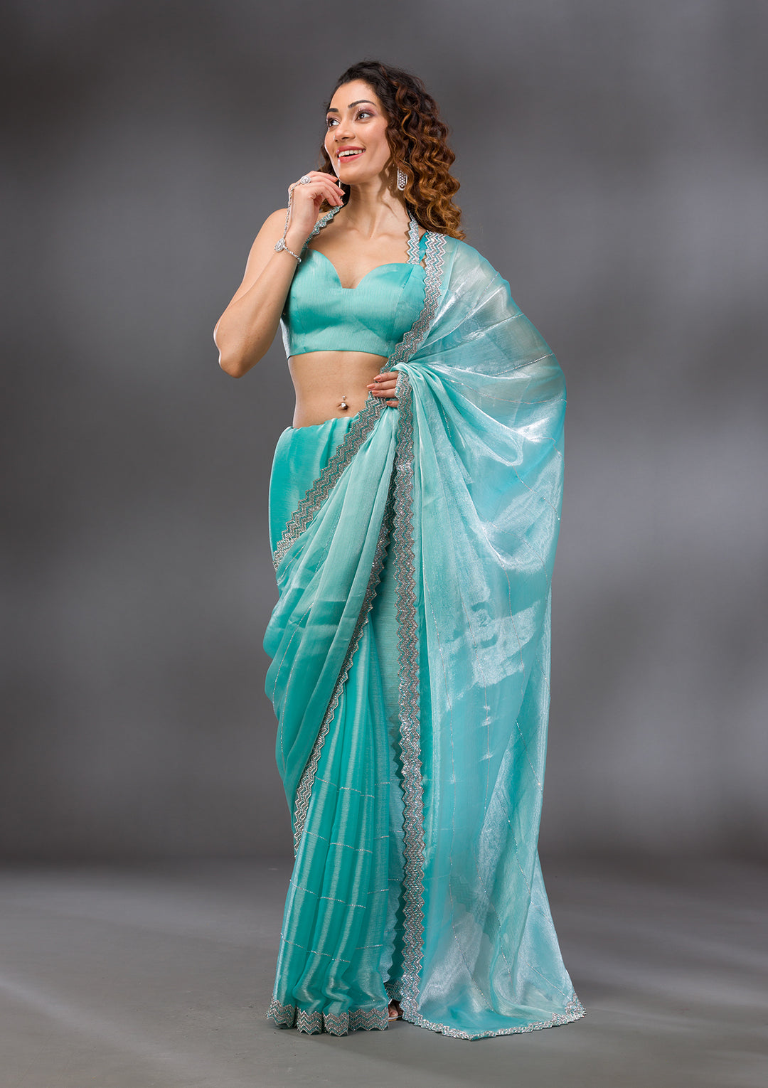 Sea Green Silver Stonework Satin Saree