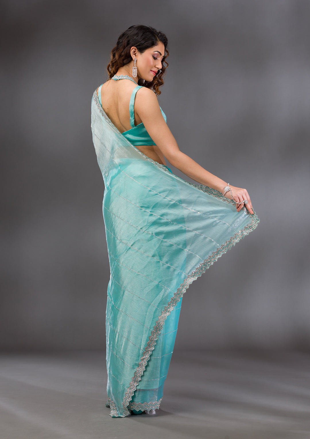 Sea Green Silver Stonework Satin Saree