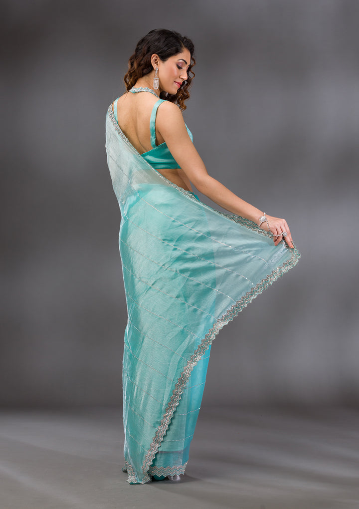 Sea Green Silver Stonework Satin Saree