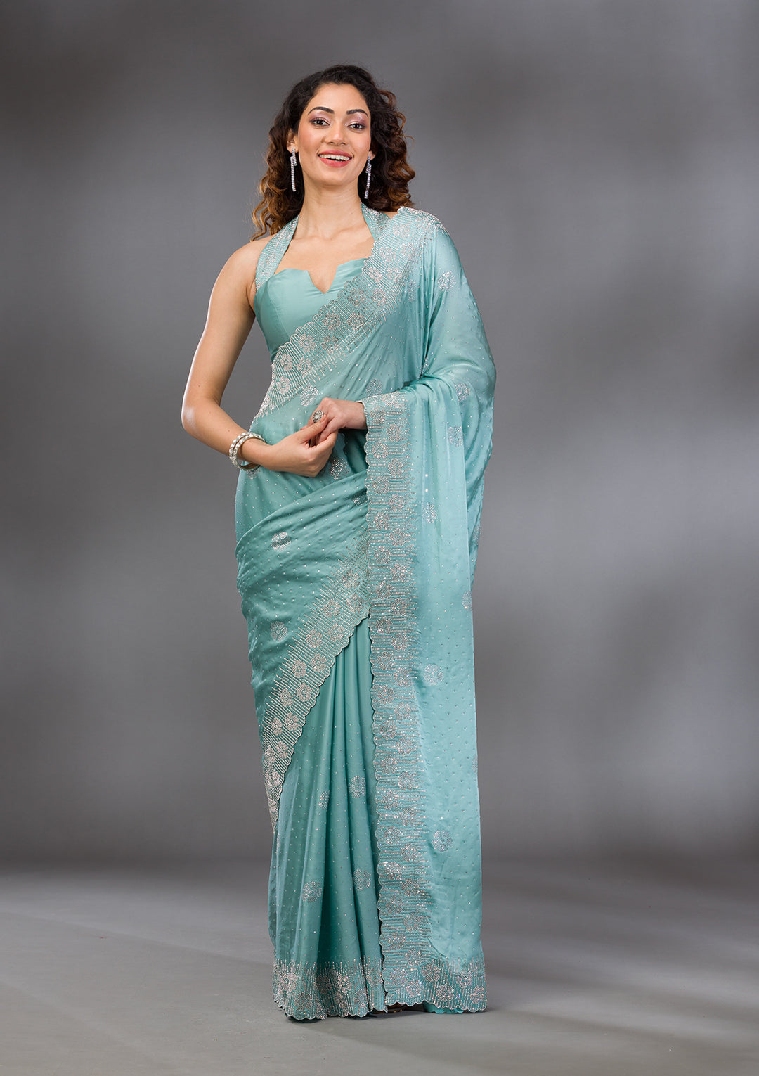 Sea Green Swarovski Satin Saree
