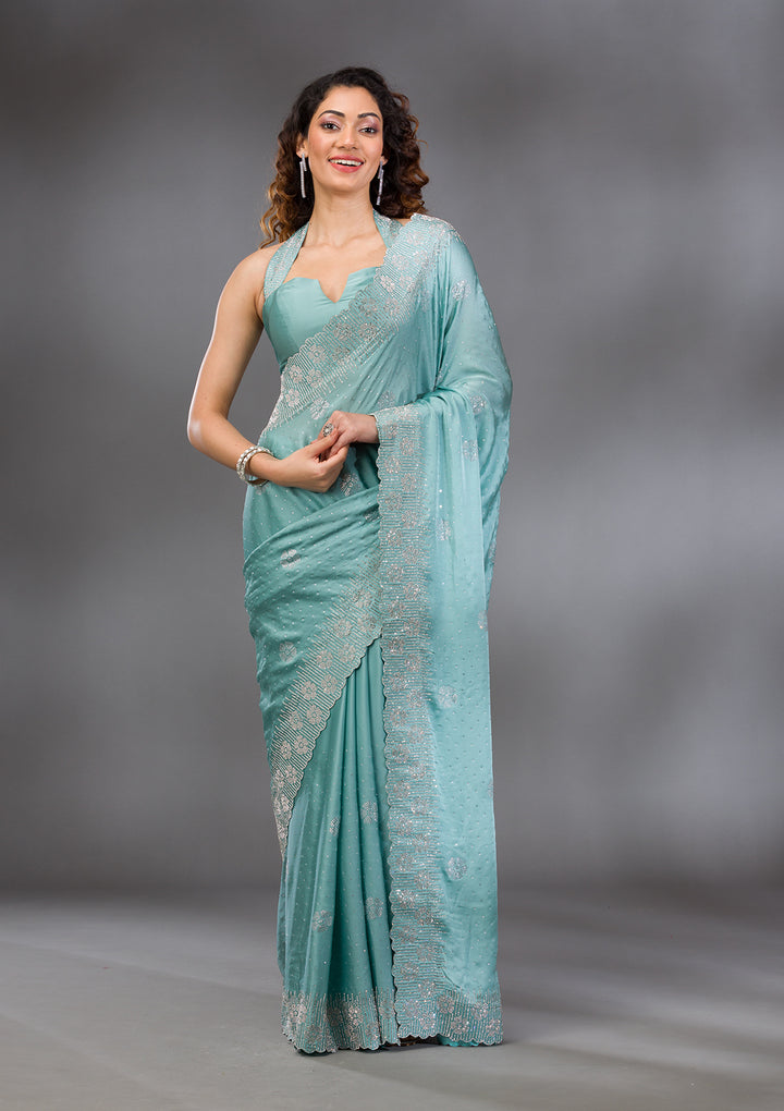 Sea Green Swarovski Satin Saree