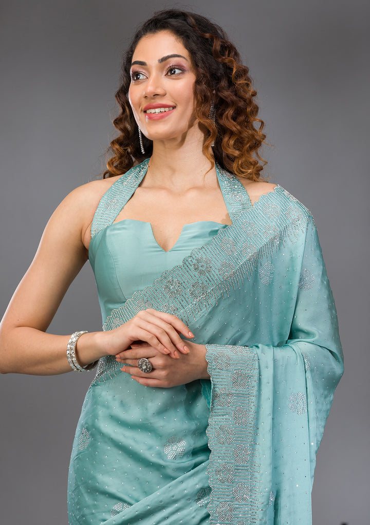 Sea Green Swarovski Satin Saree