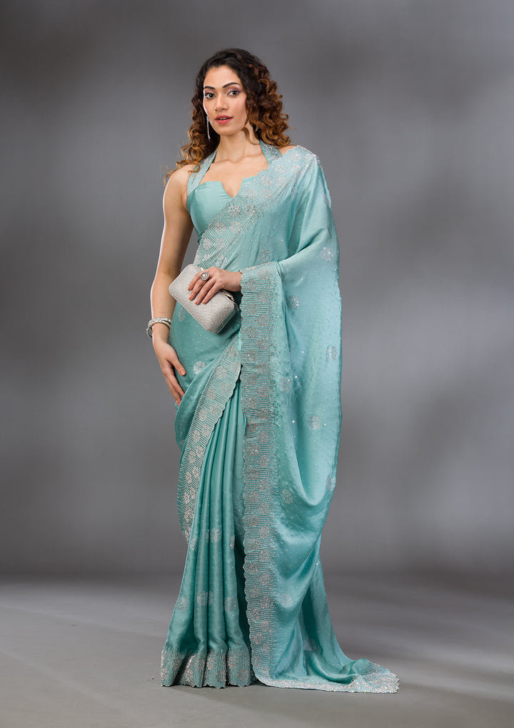 Sea Green Swarovski Satin Saree