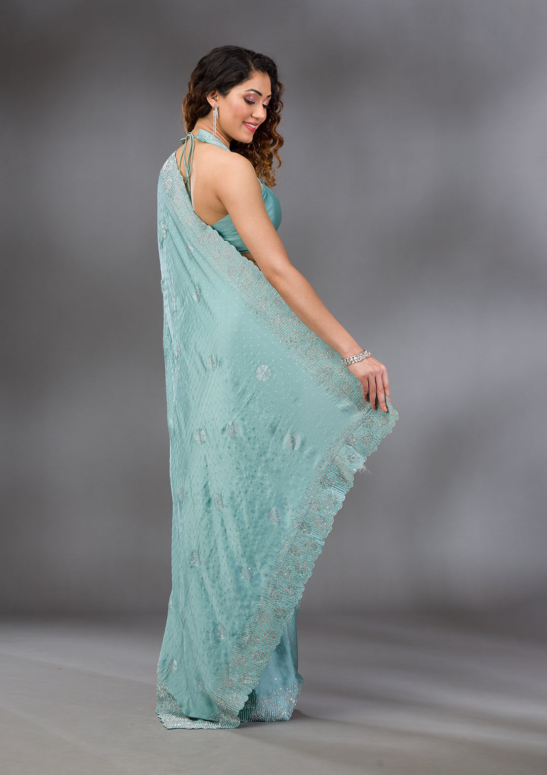 Sea Green Swarovski Satin Saree