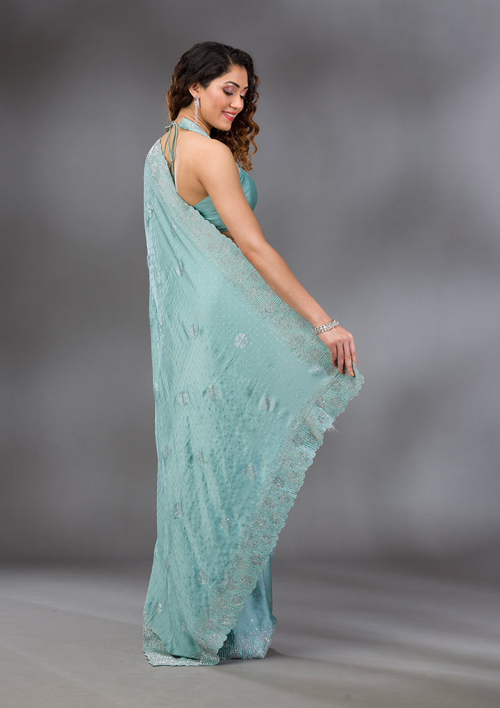 Sea Green Swarovski Satin Saree