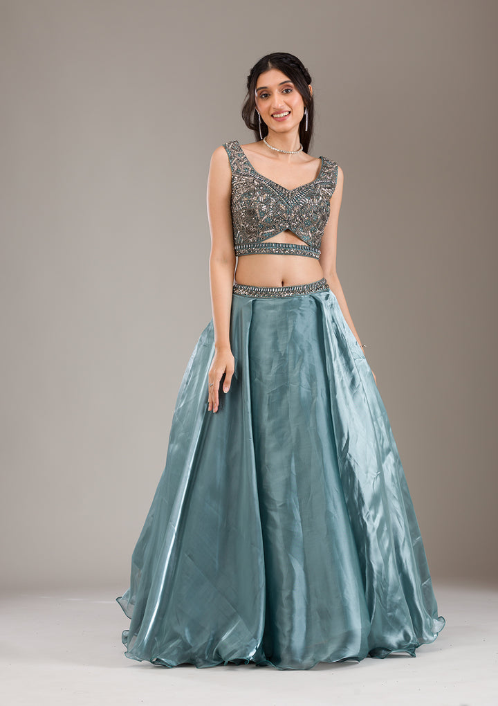 Sea Green Cutdana Organza Readymade Lehenga