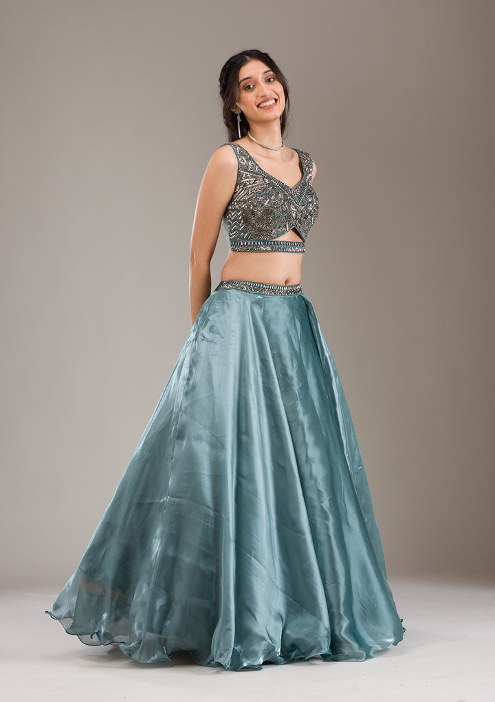 Sea Green Cutdana Organza Readymade Lehenga