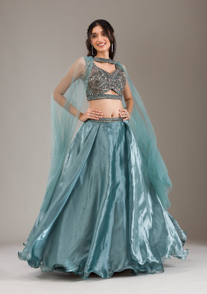Sea Green Cutdana Organza Readymade Lehenga