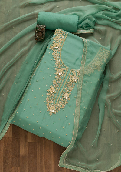 Sea Green Cutdana Organza Unstitched Salwar Suit-Koskii